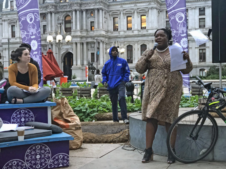 Staff attorney Ebony Griffin speaking at a Vacant Land 215 training for community gardeners