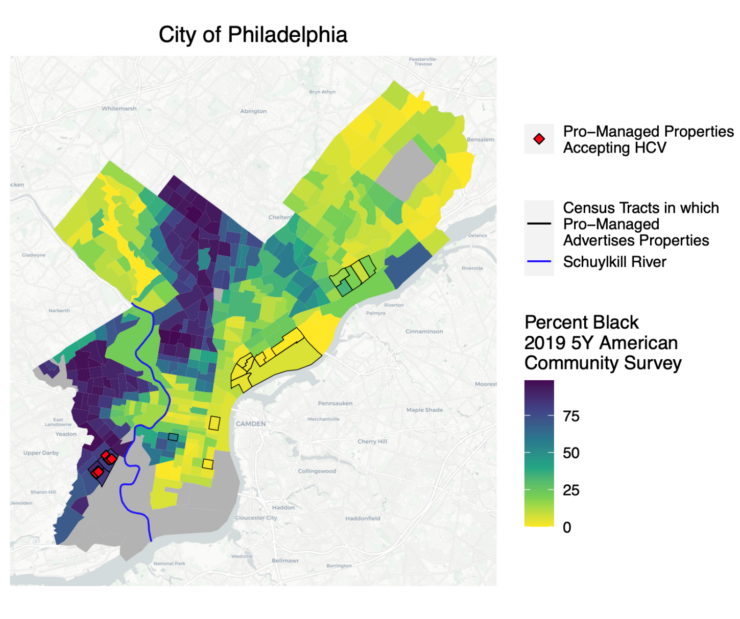 The above map shows Philadelphia’s non-Hispanic Black population by census tract. Each outlined census tract contains ProManaged properties. The red diamonds represent properties in which ProManaged advertises that it accepts Housing Choice Vouchers.