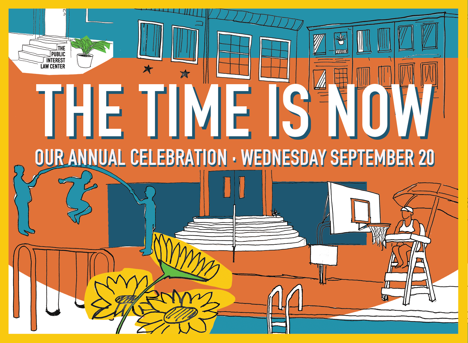 The Time is Now. Annual Celebration, Wednesday, September 20. An illustration of Philadelphia school yards and rowhomes